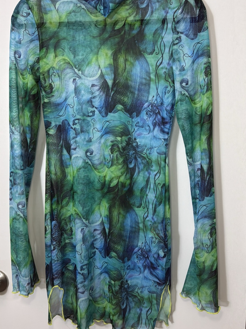 SHEIN Green Blue Floral-Print Long Sleeve Dress